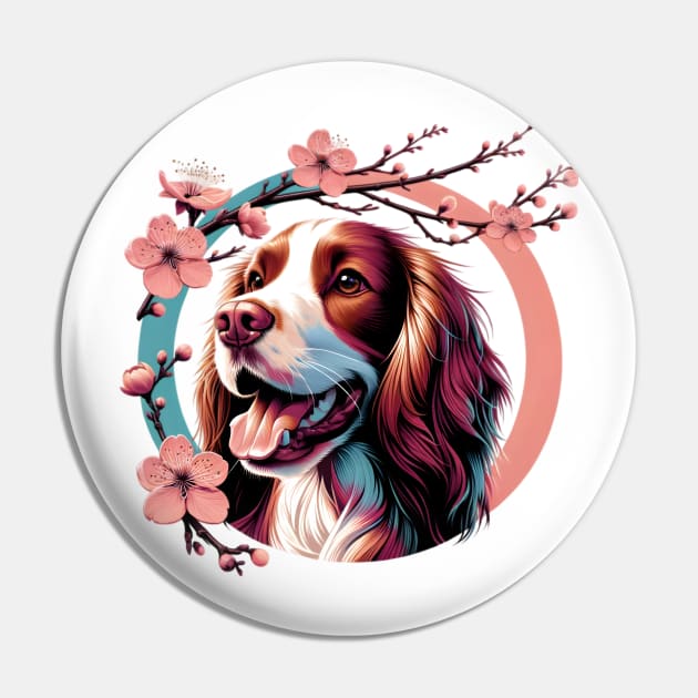 Welsh Springer Spaniel Joy in Spring with Cherry Blossoms and Flowers Pin by ArtRUs