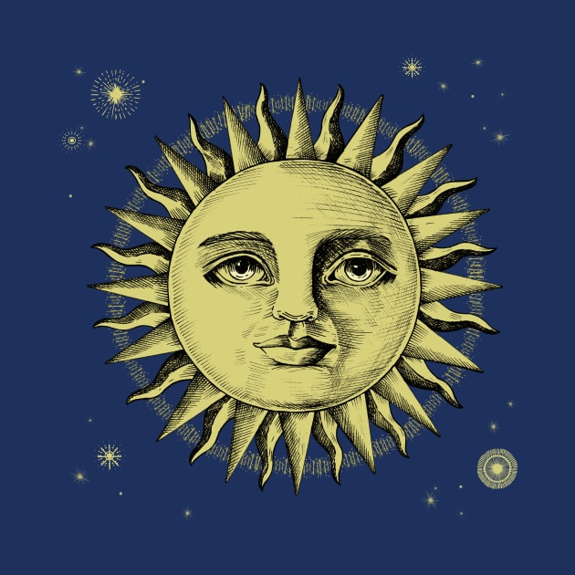 Celestial Antique Sun Engraving With Stars by LittleBunnySunshine