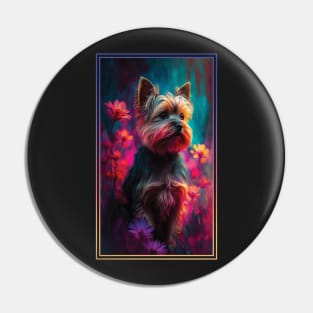 Yorkshire Terrier Dog Vibrant Tropical Flower Tall Digital Oil Painting Portrait 2 Pin