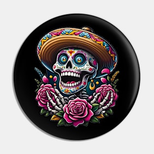 Sugar Skull Art - Skeleton Sombrero Roses Pin