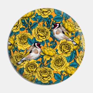 Rose flowers and goldfinch birds Pin