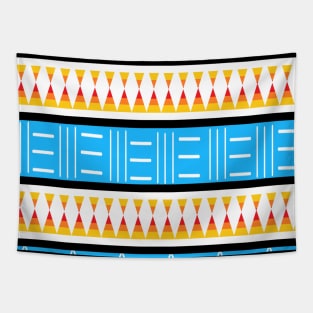 Blue Traditional Tribal White Lines White Dots Warm Colors Tapestry