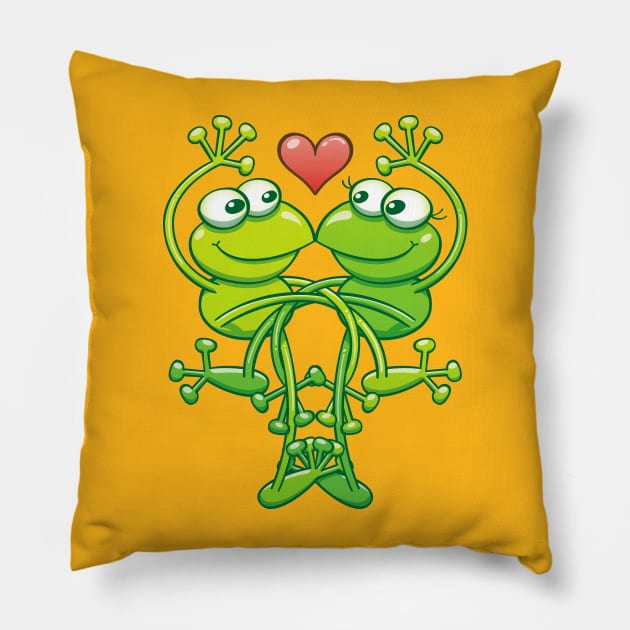 Sweet couple of green frogs intertwining their arms and legs while madly falling in love Pillow by zooco
