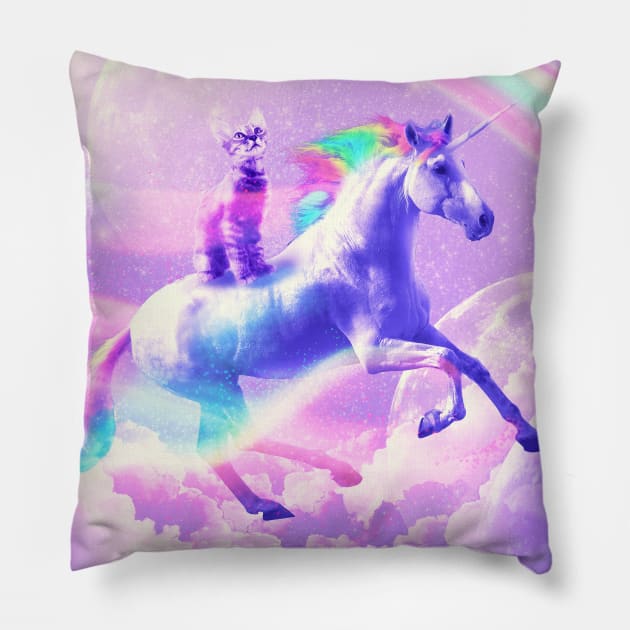 Kitty Cat Riding On Flying Unicorn With Rainbow Pillow by Random Galaxy