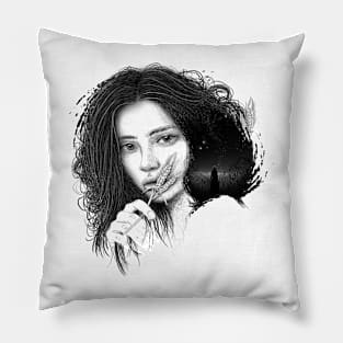 Dreamer Woman Portrait and Silhouette Pillow