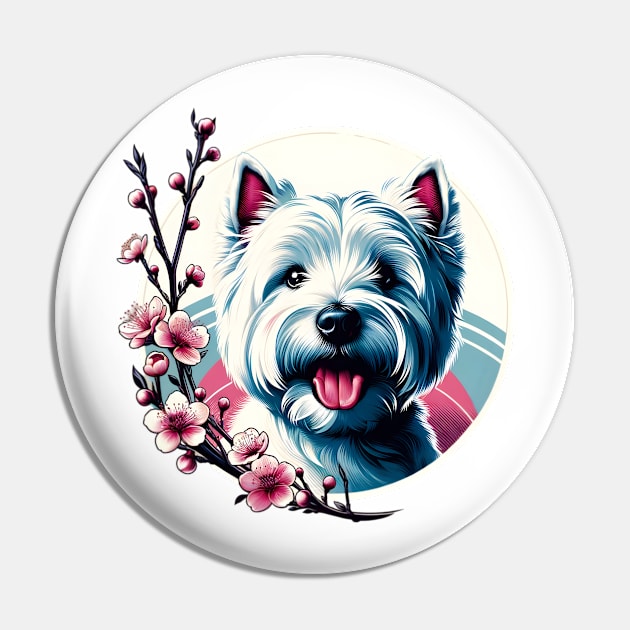 West Highland White Terrier Joy in Spring with Cherry Blossoms and Flowers Pin by ArtRUs