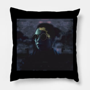 Beautiful girl with round glasses. Dark, like in night dream. Light aqua and blue, light gold. Pillow