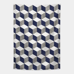 Geometric Cube Pattern - Grey, White, Blue Concrete Tapestry