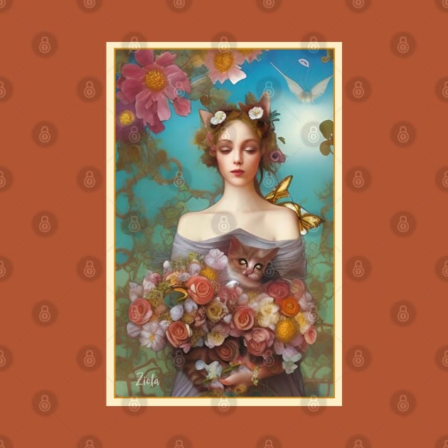 Painting of girl with roses and cat by Ziola Rosa - nature art deco rose by ZiolaRosa