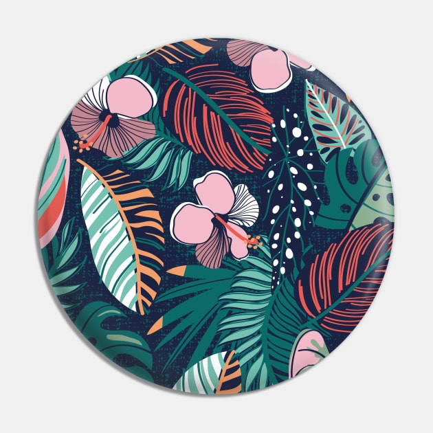 Moody tropical night // pattern // oxford blue background coral spearmint papaya orange jade and pine green leaves cotton candy pink and dry rose hibiscus flowers Pin by SelmaCardoso