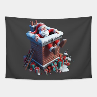 Santa Claus stuck in a chimney, with his feet dangling out and presents scattered around Tapestry