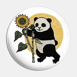 Ukiyo-e Style Smiling Panda Holding a Sunflower With the Sun Behind Pin