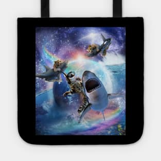 Rainbow Galaxy Cat Riding Shark In Space Tote