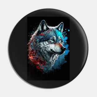 Mean Wolf portrait with teal and red glow Pin