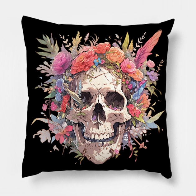 Bones And Botany Skull And Flowers Pillow by Nightarcade