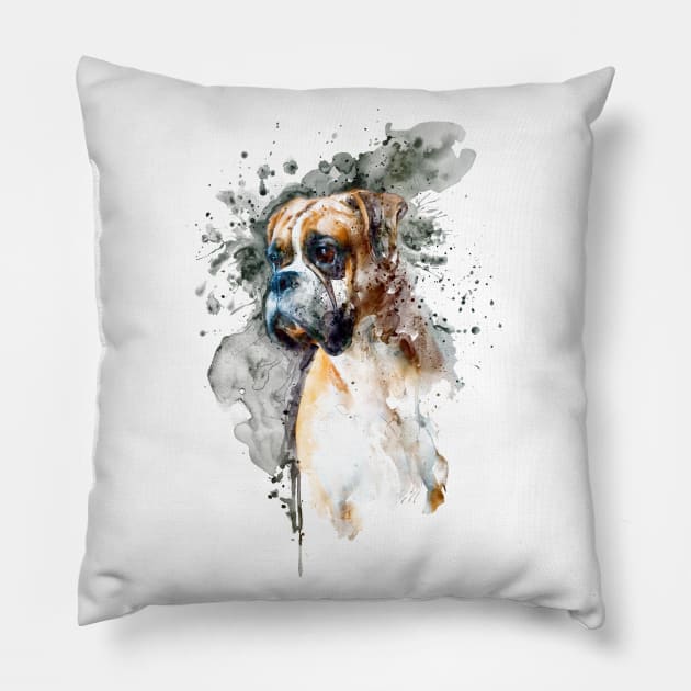 Boxer Dog Watercolor Portrait Pillow by Marian Voicu