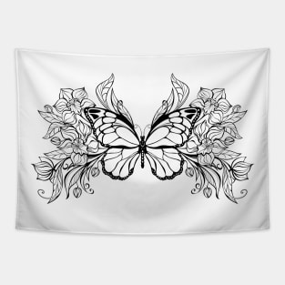 Contoured butterfly with contoured orchids Tapestry