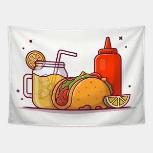 Taco Mexican Food with Lemonade and Ketchup Cartoon Vector Icon Illustration Tapestry