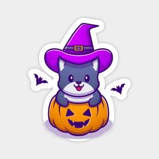 Cute Witch Cat With Pumpkin Halloween Magnet