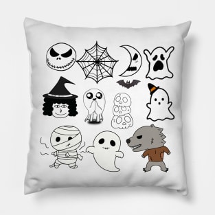 cute Halloween character, witches, ghosts, spiders, bats, werewolves, skulls, moon Pillow