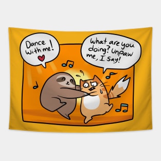 Sloth and Cat Dancing Comic Tapestry