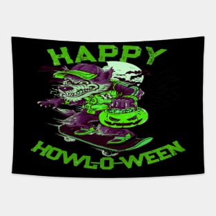 Happy Howl-o-ween Wolf Riding on Skateboard Tapestry