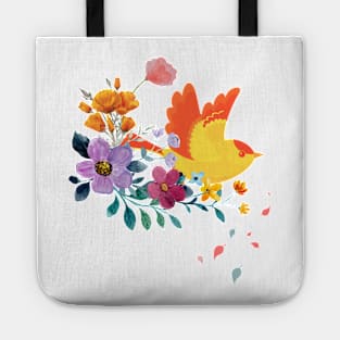 blooming flowers and orange color bird colorful art Tote