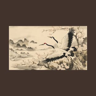 Crane birds - traditional japanese sumi e art T-Shirt