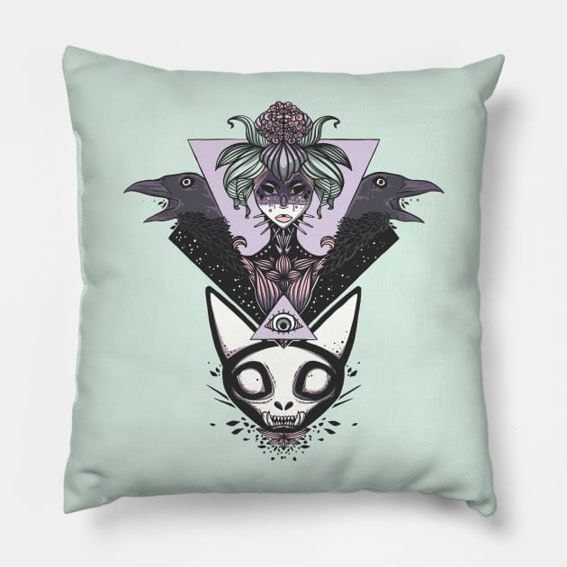 Witch, Cat Skull, Crows, And All Seeing Eye Of Providence Art Pillow by cellsdividing