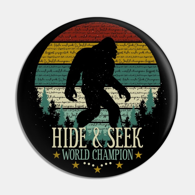 Hide and Seek World Champion Retro Vintage Bigfoot Sunset Pin by Tesszero