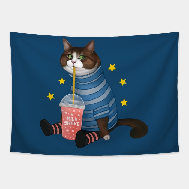 Cat with milk shake Tapestry by Meakm