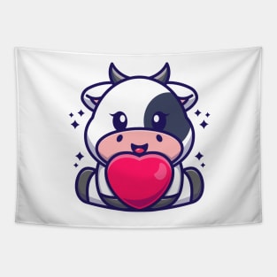 Cute baby cow cartoon with love Tapestry