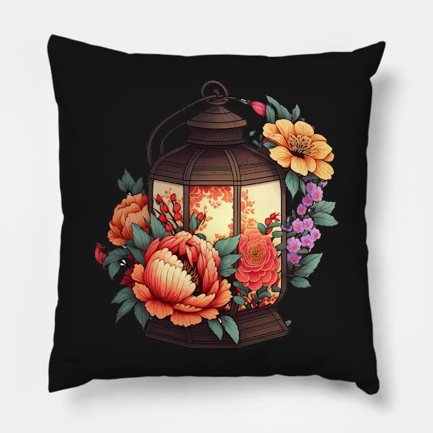 Cute Chinese Lantern Flower Design on Red Background Pillow by kansaikate