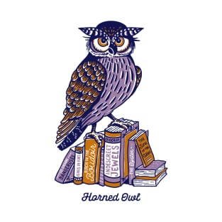 Horned Owl: Funny Purple Owl Atop Romance Erotica Books T-Shirt