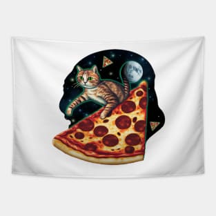 Explorer cat riding a slice of pizza in space Tapestry