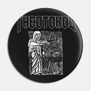 Theotokos Mary Punching The Devil Doom Parody Pin