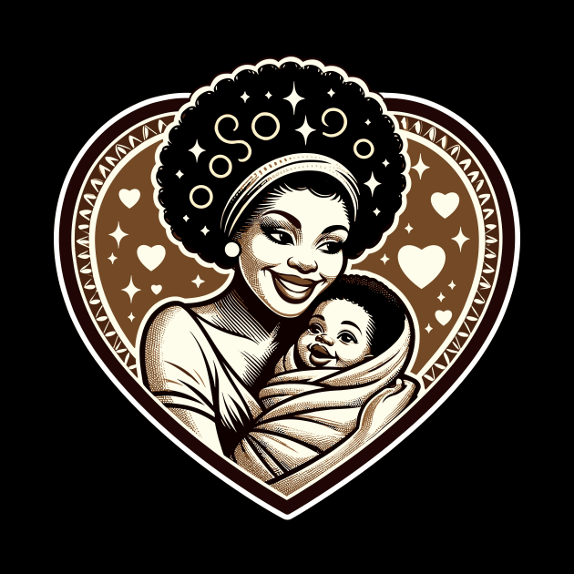 African mother. Vintage motherhood heart t-shirt, Retro Mom and baby love graphic tee, Unique mother's day gift by Cat In Orbit ®