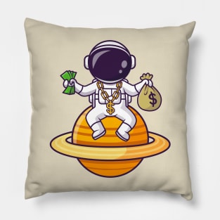Cute Rich Astronaut On Planet With Money Cartoon Pillow