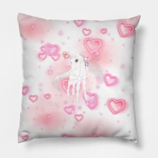 Cute white baby unicorn with pink hearts and shiny stars Pillow