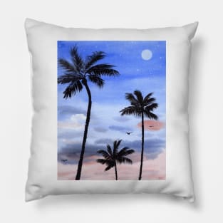 Palm Trees at Night Watercolor Art Pillow