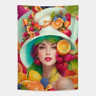 А woman with a white hat and some colorful fruity Tapestry