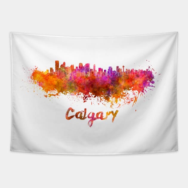 Calgary skyline in watercolor Tapestry by PaulrommerArt