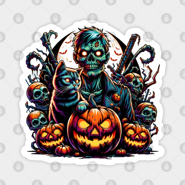 Halloween Zombie and Cat Magnet by HolidayBug