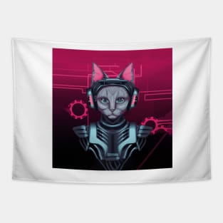 Cyborg Cyberpunk Cat DJ Lady Tapestry