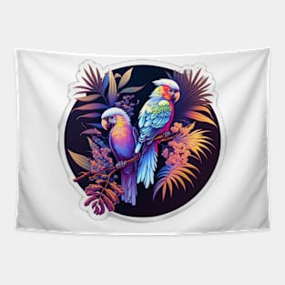 Surreal Majestic Parrots on Tree Branch with Leaves Tapestry