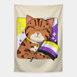 Cute Bengal Cat Holding Non-Binary Pride Flag Tapestry