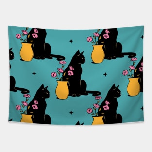 Playful Black Cat Pattern in blue Tapestry