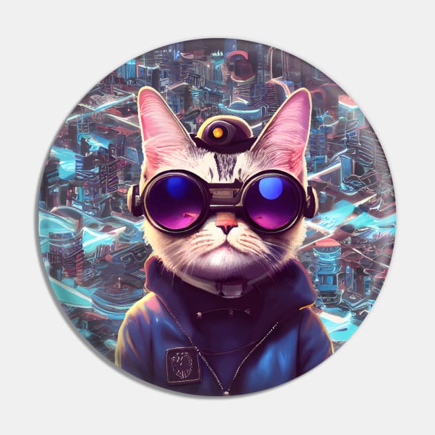 Cool Japanese Techno Cat In Future World Japan Neon City Pin by star trek fanart and more