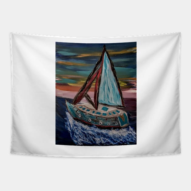 yacht sailing in the open ocean Tapestry by kkartwork
