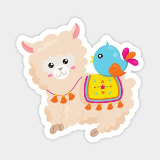 Mexican Llama, Cute Llama, Cute Alpaca, Blue Bird Magnet